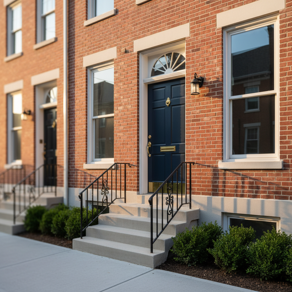An elegant, freshly renovated rowhome façade in a classic Greater Philadelphia neighborhood, featuring red brick, a dark navy door with polished brass hardware, and crisp white trim around tall windows. Concrete steps lead up from a clean sidewalk bordered by low wrought-iron railings and neatly trimmed greenery. The scene is captured during golden hour, with warm sunlight accentuating the brick texture and casting soft, elongated shadows across the stoop. Photographic realism from a slightly low, three-quarter angle emphasizes curb appeal and architectural detail. The composition uses rule of thirds, with the doorway as the focal point and adjoining rowhomes blurred just enough to suggest a desirable, established block, creating a professional yet welcoming mood.