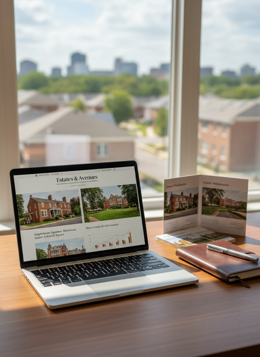 A neatly arranged wooden desk in a bright home office, featuring an open silver laptop displaying a clean real estate blog homepage with neighborhood photos and market charts. Beside it lies a leather-bound notebook with a chrome pen and a small stack of folded property brochures labeled “Greater Philadelphia” and “Greater Wilmington.” Through the nearby window, blurred suburban rooftops and tree-lined streets are visible. Soft midday natural light streams in, creating gentle reflections on the laptop screen and subtle shadows on the desk. Photographic realism, shot at eye level with a shallow depth of field, focusing crisply on the laptop and brochures while the background softly fades, conveying a professional, trustworthy, and informative atmosphere.